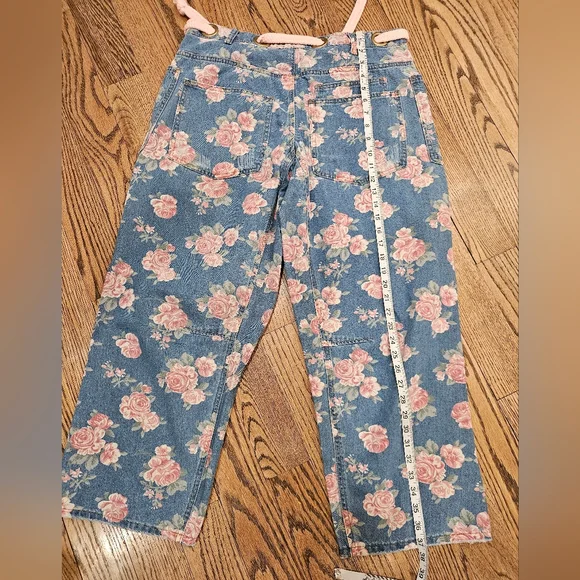 Bibi Washed Floral Denim Wide Leg Pants with Pink Accents - Picture 7 of 7